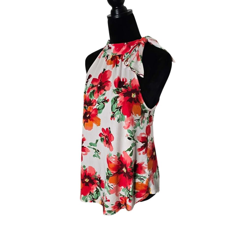 A’GACI Women’s M Floral Halter Top White Red Orange Tie Neck Sleeveless USA